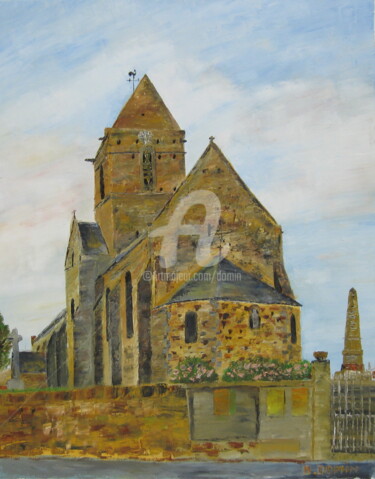 Painting titled "Eglise-de-Besneville" by Bertrand Domin, Original Artwork, Oil