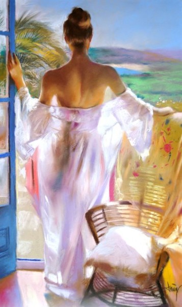 Painting titled "Woman in the balcony" by Domingo Alvarez, Original Artwork