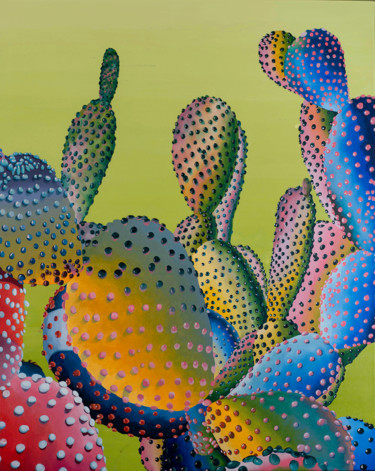 Painting titled "Dot Cactus" by Dominic Virtosu, Original Artwork, Oil Mounted on Wood Stretcher frame