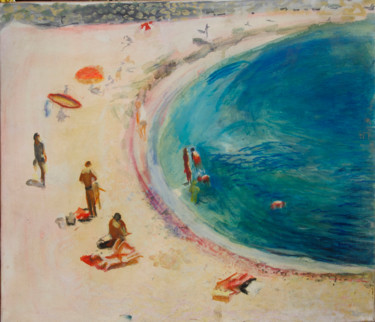 Painting titled "la plage de la grav…" by Dominique Alberti, Original Artwork, Oil Mounted on Wood Stretcher frame