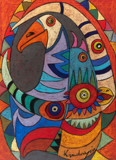 Schilderij getiteld "La poule aux oeufs…" door Dominique Charrière Dite Kandayin, Origineel Kunstwerk, Pastel