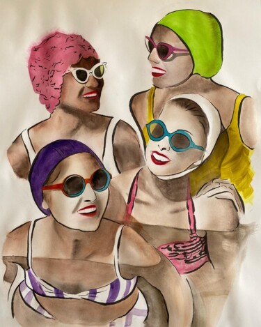 Painting titled "Baigneuses" by Dominique Cointrel, Original Artwork, Watercolor Mounted on Wood Stretcher frame