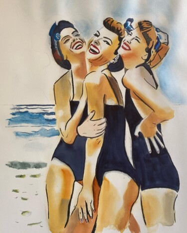 Painting titled "Les 3 baigneuses" by Dominique Cointrel, Original Artwork, Watercolor Mounted on Wood Stretcher frame
