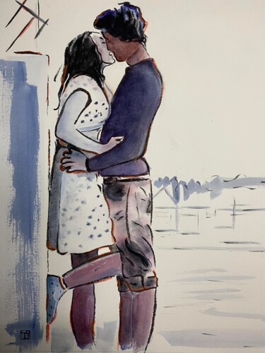Painting titled "Baiser" by Dominique Cointrel, Original Artwork, Watercolor