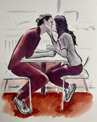 Peinture intitulée "baiser tendre" par Dominique Cointrel, Œuvre d'art originale, Aquarelle