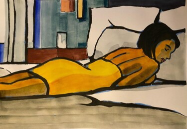 Painting titled "Sieste" by Dominique Cointrel, Original Artwork, Watercolor