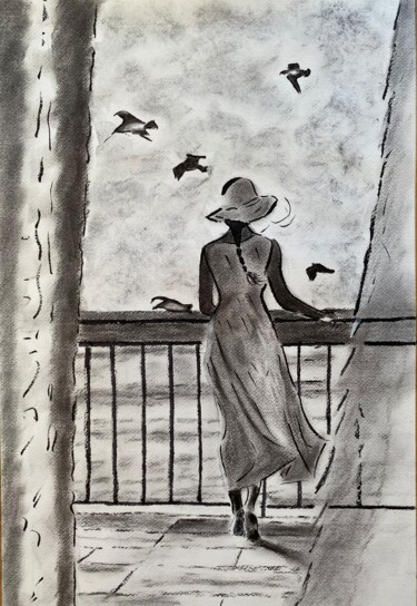 Drawing titled "Vue sur mer" by Dominique Cointrel, Original Artwork, Charcoal