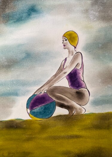 Peinture intitulée "Baigneuse au ballon" par Dominique Cointrel, Œuvre d'art originale, Aquarelle