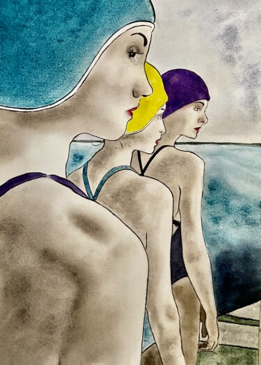 Pintura intitulada "Swimmers" por Dominique Cointrel, Obras de arte originais, Aquarela