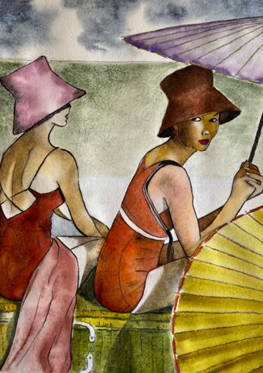 Pittura intitolato "Ombrelles" da Dominique Cointrel, Opera d'arte originale, Acquarello