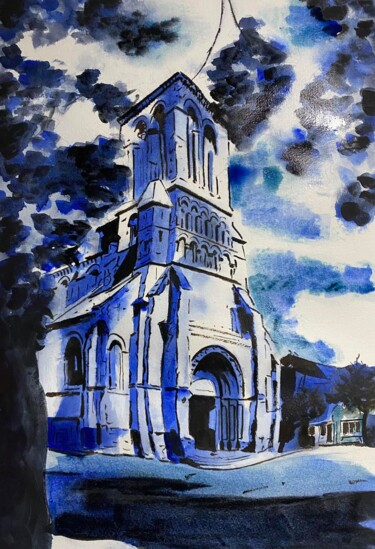 Pintura intitulada "Eglise de St Saens…" por Dominique Cointrel, Obras de arte originais, Aquarela