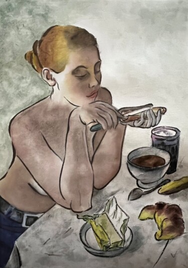 Painting titled "Tartines et chocolat" by Dominique Cointrel, Original Artwork, Watercolor