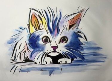Painting titled "BabyCat" by Dominique Cointrel, Original Artwork, Watercolor Mounted on Wood Stretcher frame