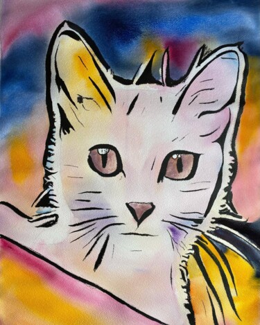 Painting titled "ChatMallow" by Dominique Cointrel, Original Artwork, Watercolor Mounted on Wood Stretcher frame