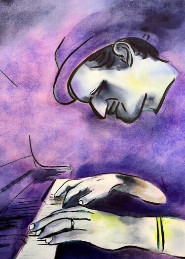 Malarstwo zatytułowany „Jazz Purple” autorstwa Dominique Cointrel, Oryginalna praca, Akwarela Zamontowany na Drewniana rama…