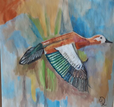 Painting titled "Vol d’oiseaux" by Dominique De Roo, Original Artwork, Gouache
