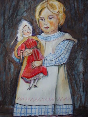 Painting titled "fillette à la poupé…" by Dominique De Roo, Original Artwork