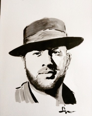 Painting titled "L'homme au chapeau" by Dominique Dève, Original Artwork, Ink