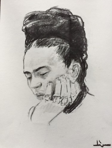 Drawing titled "Frida5" by Dominique Dève, Original Artwork, Charcoal