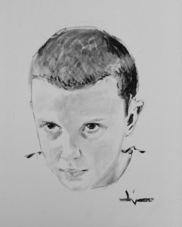 Drawing titled "Portrait d'Eleven" by Dominique Dève, Original Artwork, Charcoal