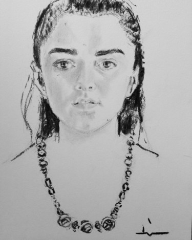 Drawing titled "Portrait of Arya wi…" by Dominique Dève, Original Artwork, Charcoal