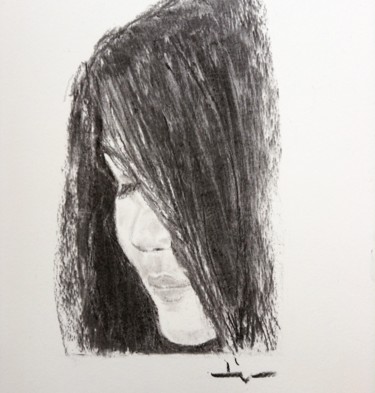 Drawing titled "Portrait of Aprilla" by Dominique Dève, Original Artwork, Charcoal