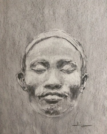 Tekening getiteld "Nias Islander mask" door Dominique Dève, Origineel Kunstwerk, Houtskool