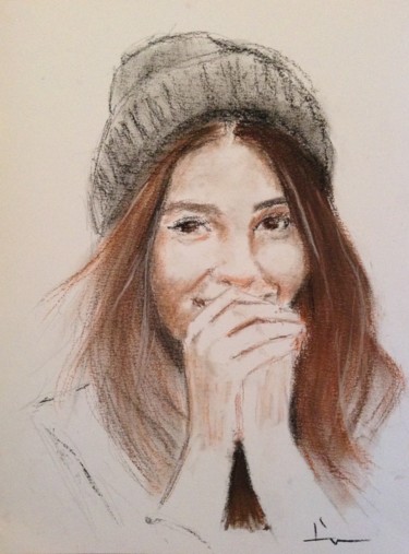 Drawing titled "Girl with a woolen…" by Dominique Dève, Original Artwork, Conté
