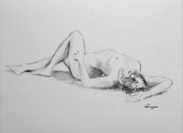 Drawing titled "Nude Study" by Dominique Dève, Original Artwork, Charcoal