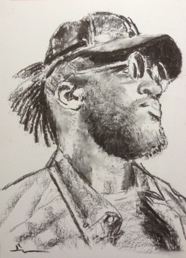 Drawing titled "L'Homme à lunettes 2" by Dominique Dève, Original Artwork, Charcoal
