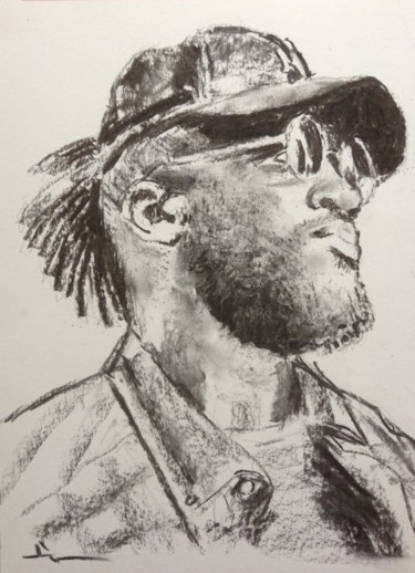 Dessin intitulée "L'Homme à lunettes 2" par Dominique Dève, Œuvre d'art originale, Fusain