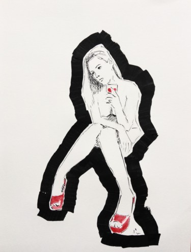 Drawing titled "The Red Shoes" by Dominique Dève, Original Artwork, Ink