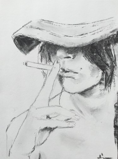 Рисунок под названием "Maria Smoking Girl" - Dominique Dève, Подлинное произведение искусства, Древесный уголь