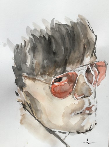 Painting titled "The Red Glasses" by Dominique Dève, Original Artwork, Watercolor