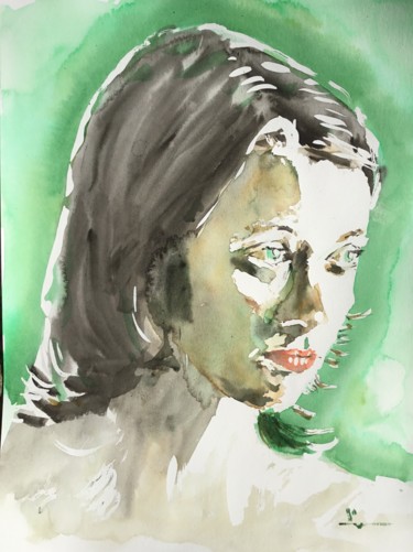 Painting titled "Woman In Green" by Dominique Dève, Original Artwork, Watercolor
