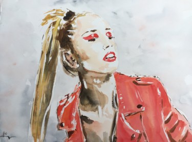 「The Red Jacket」というタイトルの絵画 Dominique Dèveによって, オリジナルのアートワーク, 水彩画