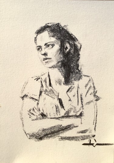 Drawing titled "By The Window" by Dominique Dève, Original Artwork, Charcoal