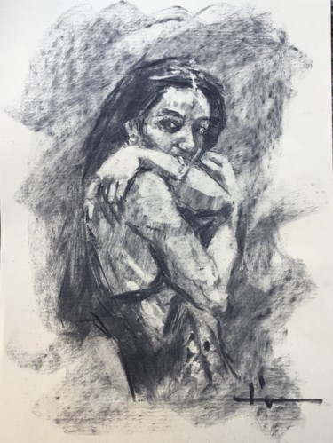 Drawing titled "Shy" by Dominique Dève, Original Artwork, Charcoal