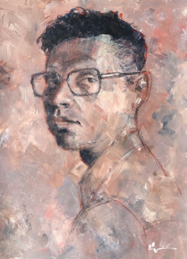 Painting titled "Young Man With Glas…" by Dominique Dève, Original Artwork, Acrylic