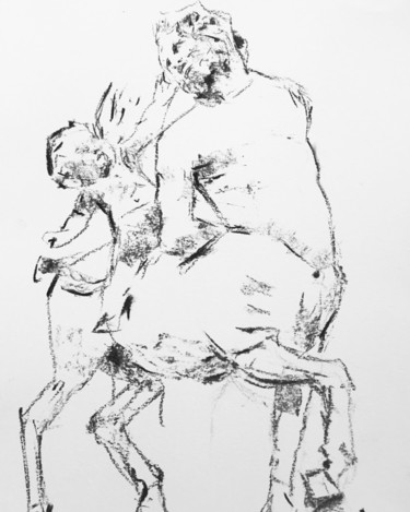 Drawing titled "L’ange et le Centau…" by Dominique Dève, Original Artwork, Charcoal