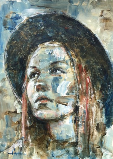 Painting titled "Woman With Hat" by Dominique Dève, Original Artwork, Acrylic