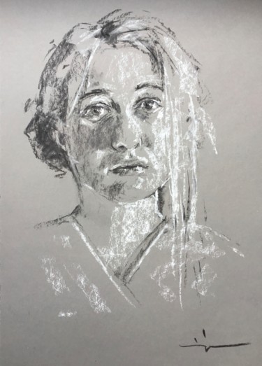 Drawing titled "Triste" by Dominique Dève, Original Artwork, Charcoal