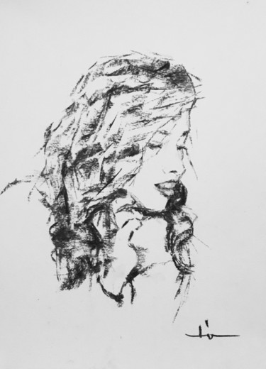 Drawing titled "Hair Study" by Dominique Dève, Original Artwork, Charcoal