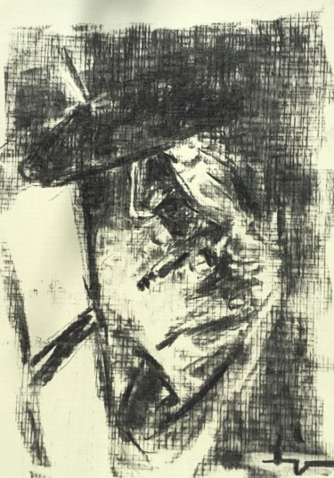 Zeichnungen mit dem Titel "Fumeur à la fenêtre" von Dominique Dève, Original-Kunstwerk, Kohle