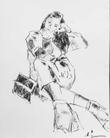 Dessin intitulée "The Handbag" par Dominique Dève, Œuvre d'art originale, Fusain
