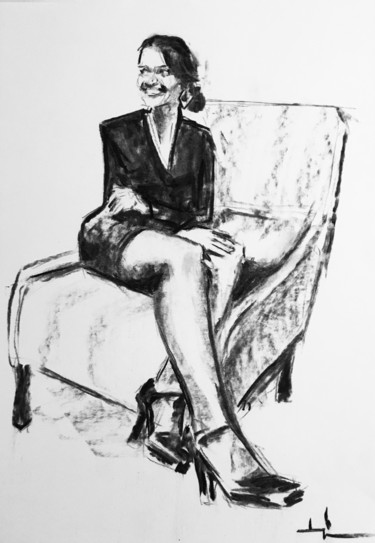 Drawing titled "Ksenia" by Dominique Dève, Original Artwork, Charcoal