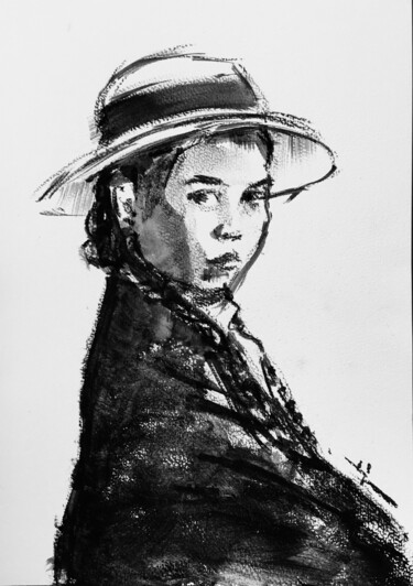 Drawing titled "Tresses et Chapeau" by Dominique Dève, Original Artwork, Charcoal