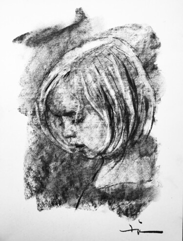 Σχέδιο με τίτλο "Comme Un Enfant" από Dominique Dève, Αυθεντικά έργα τέχνης, Κάρβουνο
