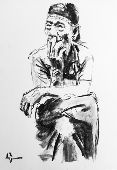 Desenho intitulada "La Pause" por Dominique Dève, Obras de arte originais, Carvão