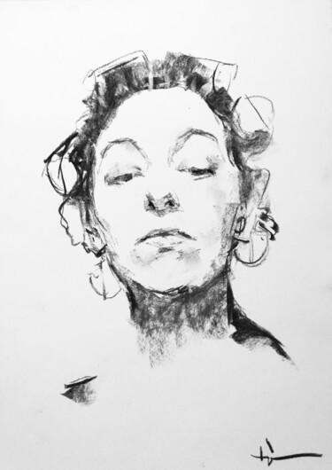 Drawing titled "Felicia #1" by Dominique Dève, Original Artwork, Charcoal